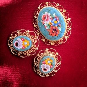Intricately Detailed Mosaic Vintage Brooch Set